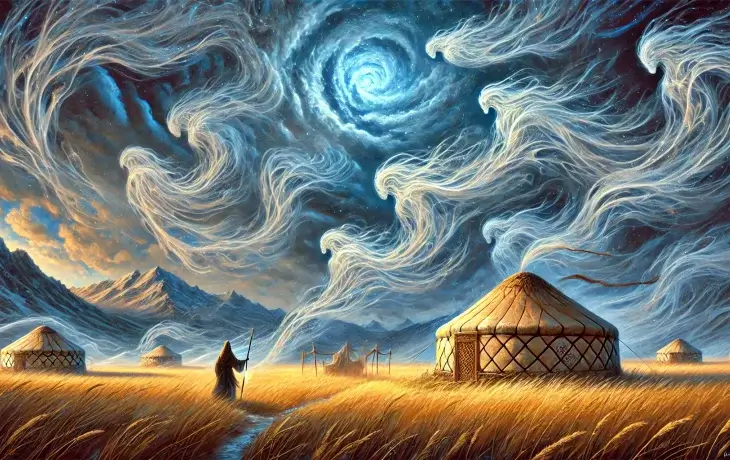 Şuğur – Bozkır üzerindeki yurtların çevresinde dönen rüzgâr ruhlarının, gökyüzünde girdap oluşturduğu sahne